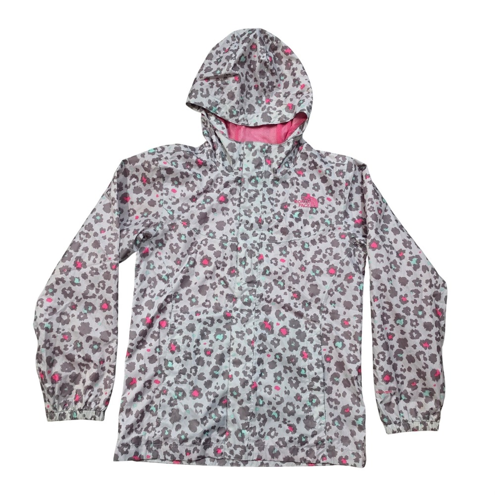 The North Face Girls Grey Pink Leopard DryVent Resolve Jacket Large 14/16